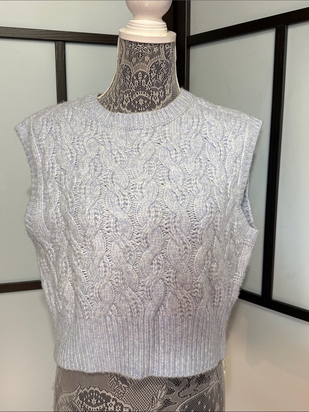 Sincerly Jules Light Blue Cable-Knit Sleeveless Sweater Vest